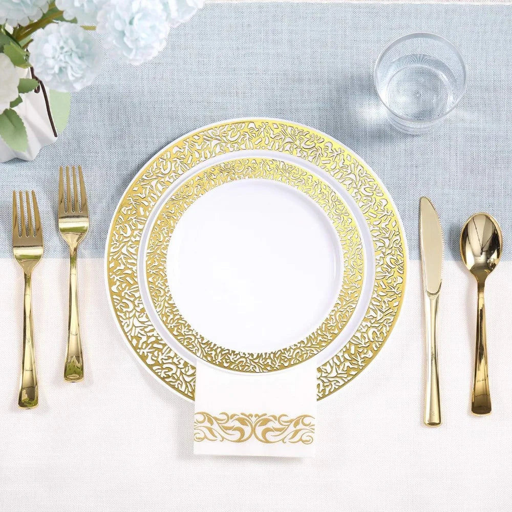Lisslune | 350pcs Disposable Gold Lace Dinnerware Set for 50 Guests