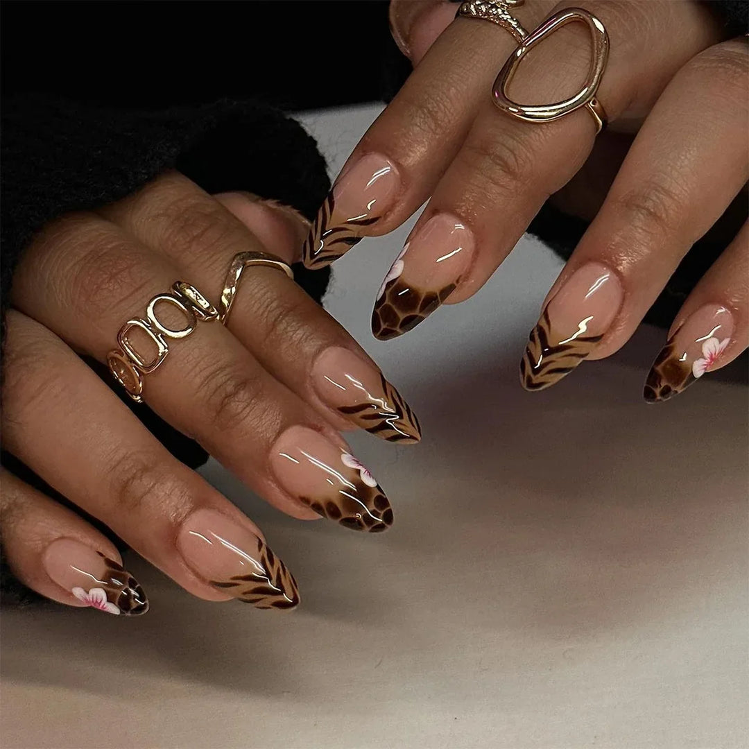 Rynx | Brown Leopard Gradient French Nail Art Red Bow Pearls False Nails Removable Ready-Made False Nails To Stick With Glue