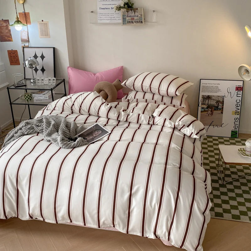 Rynx | In stripes bedding set with pillowcase bed sheet single and double size bedding duvet cover set queen/king double duvet cover