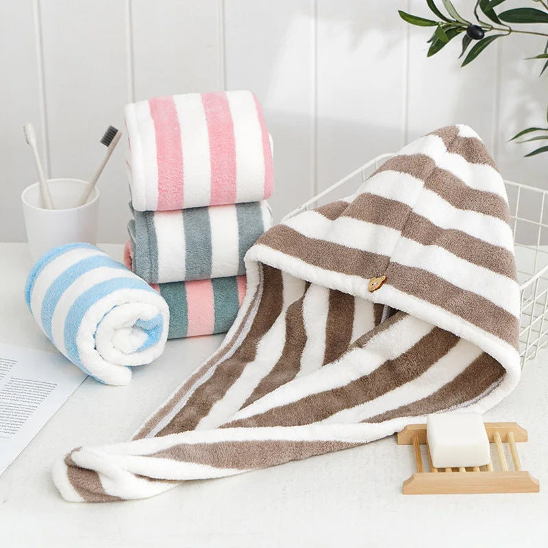 Rynx Microfiber Hair Towel Wrap Thickened Coral Velvet Cationic Dry Hair Cap Water Absorption and Quick Drying Striped Shower Cap