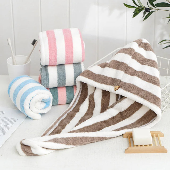 Rynx Microfiber Hair Towel Wrap Thickened Coral Velvet Cationic Dry Hair Cap Water Absorption and Quick Drying Striped Shower Cap