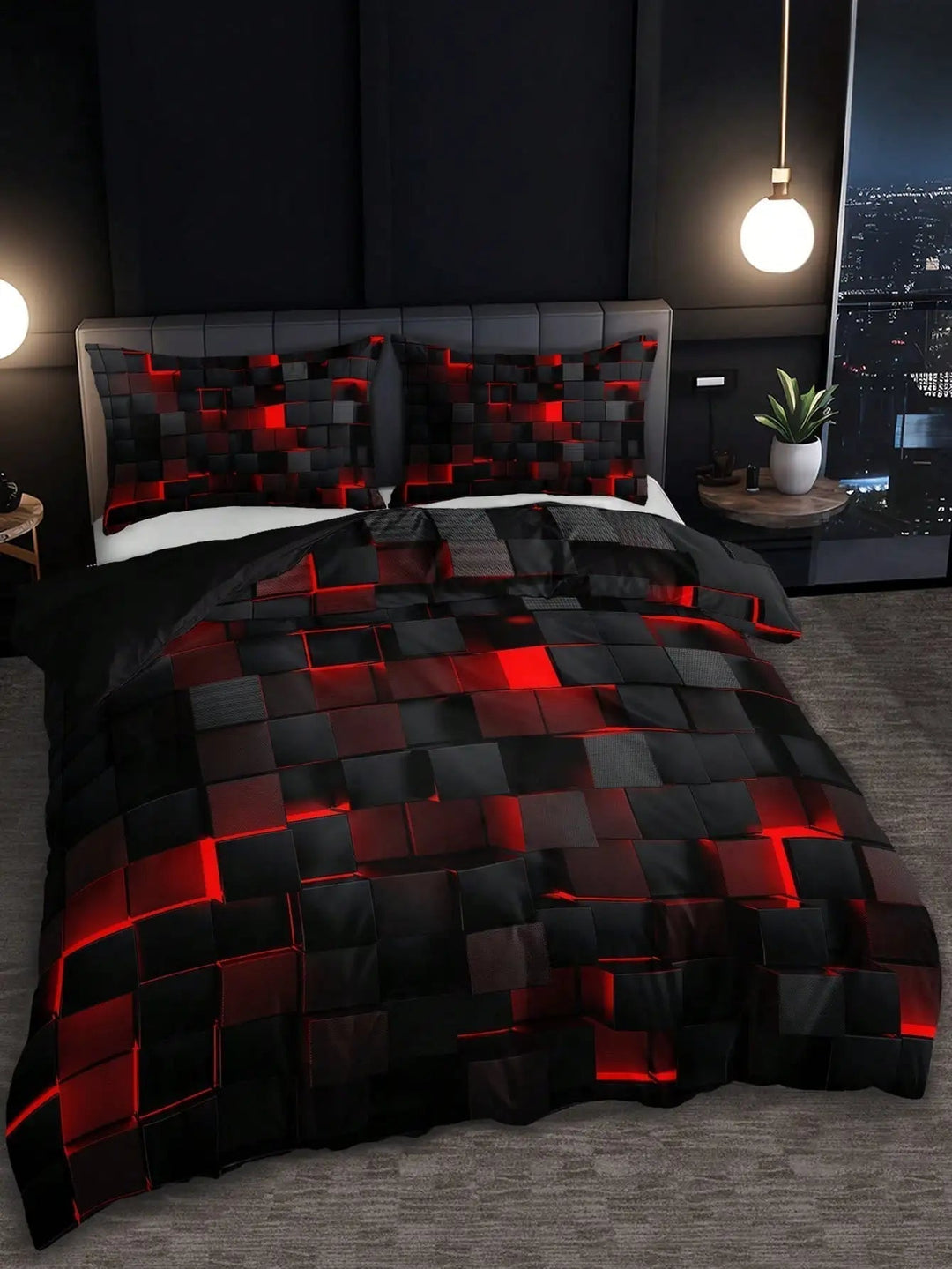 Lisslune | GridLuxe - modern bed linen set with dynamic red grid