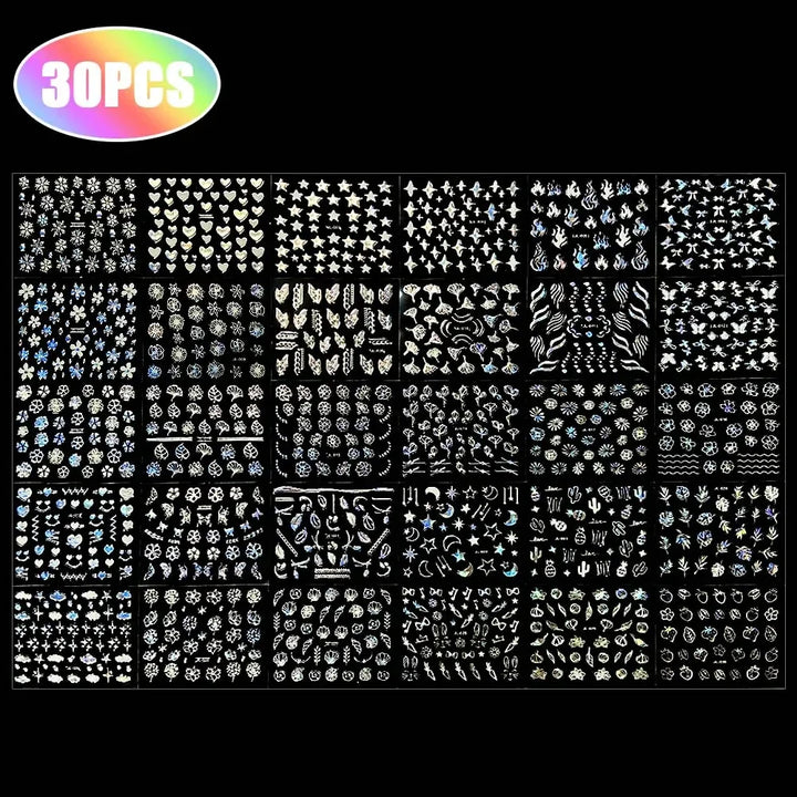 Rynx | 30 pieces laser nail stickers heart moon butterfly 3D nail stickers slider self-adhesive holographic nail art decoration manicure decor