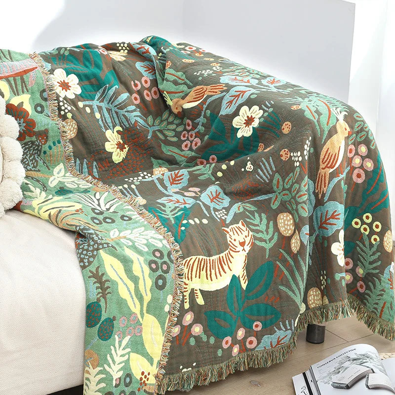 Rynx | Textile City Jungle Tiger 6-layer Cotton Gauze Towel Quilt Green Summer Cool Office Comfortable Single Blanket Sofa Throw Blanket