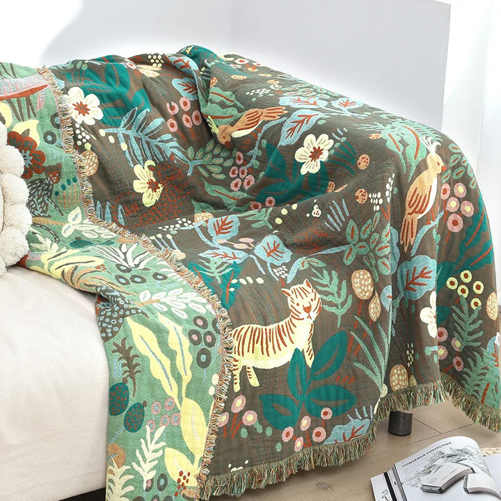 Rynx | Textile City Jungle Tiger 6-layer Cotton Gauze Towel Quilt Green Summer Cool Office Comfortable Single Blanket Sofa Throw Blanket