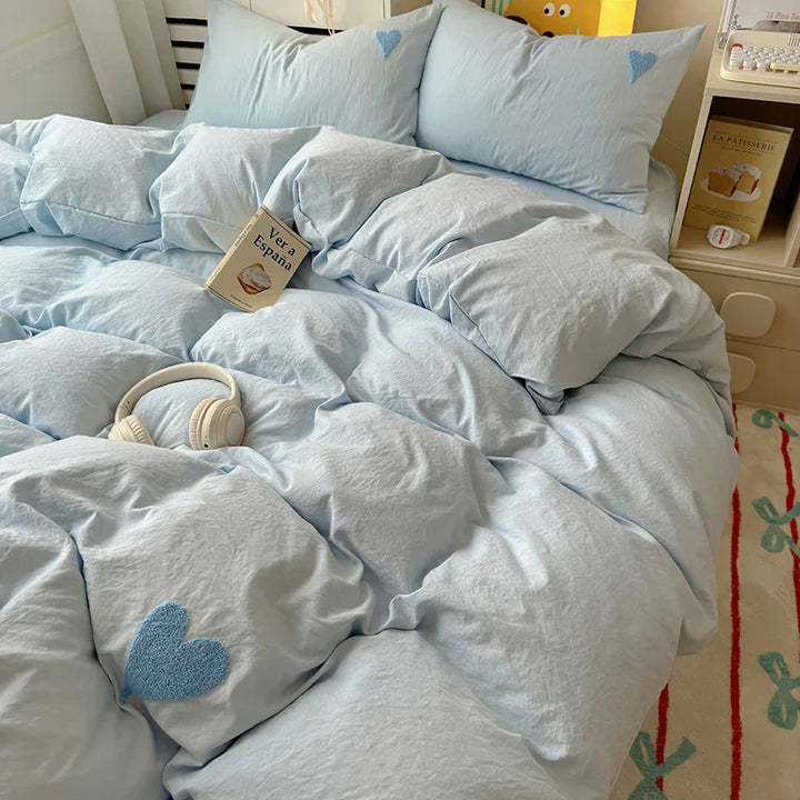 Rynx | Sweet Blue Heart Bedding Set in Nordic Embroidery Bed Sheet Set of Four Pieces for Home Luxurious Duvet Cover Set for Girls