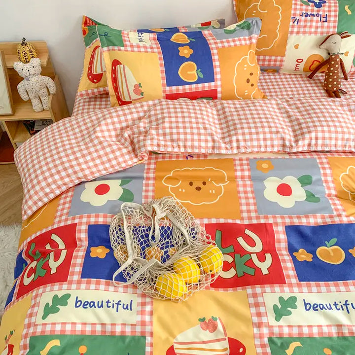 Rynx | Orange Bedding Set Girls Boys Bedding Sheet Plaid Duvet Cover No Filling 240x220 Single Double Queen King Bedding