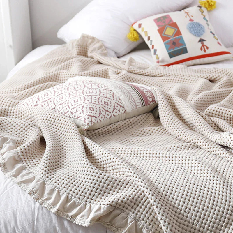 Rynx | 100% Cotton Soft Bed Plaid Home Japanese Knitted Blanket Corn Grain Waffle Texture Summer Ruffles Warm Plaid Throw Blanket