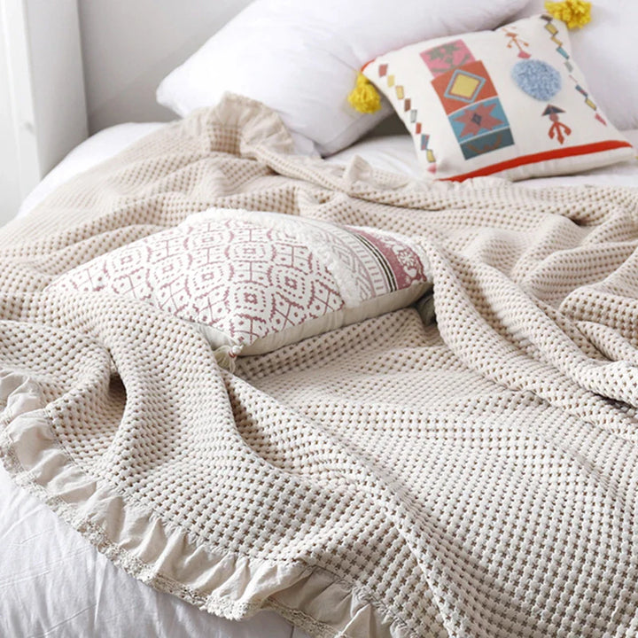 Rynx | 100% Cotton Soft Bed Plaid Home Japanese Knitted Blanket Corn Grain Waffle Texture Summer Ruffles Warm Plaid Throw Blanket