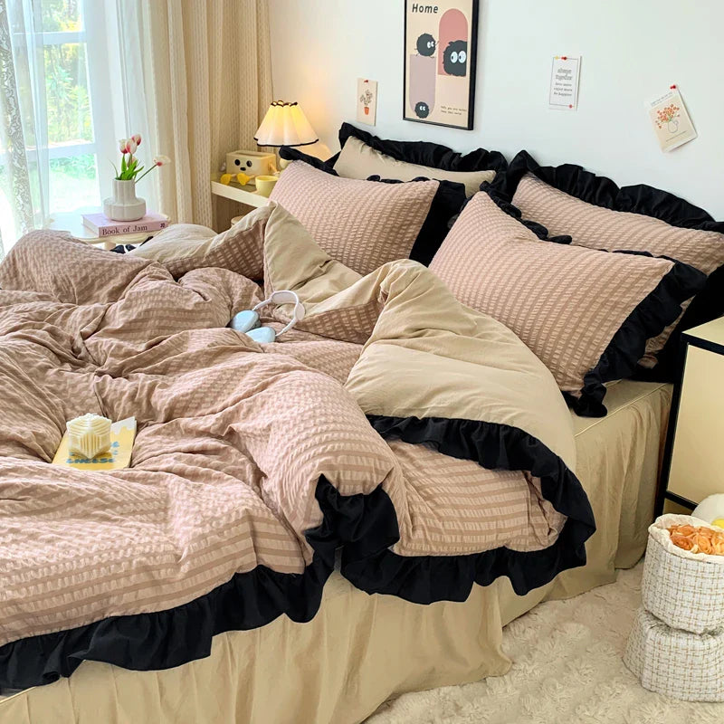 Rynx | Bubble Yarn Seersucker French Style Princess Lace Bedding Set Duvet Cover Set Bed Skirt Queen For Girls Decor Home
