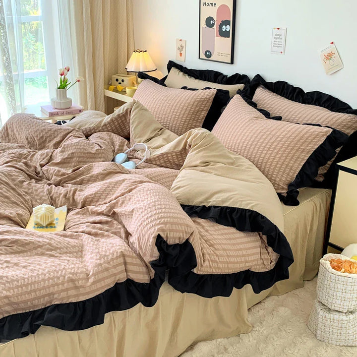 Rynx | Bubble Yarn Seersucker French Style Princess Lace Bedding Set Duvet Cover Set Bed Skirt Queen For Girls Decor Home