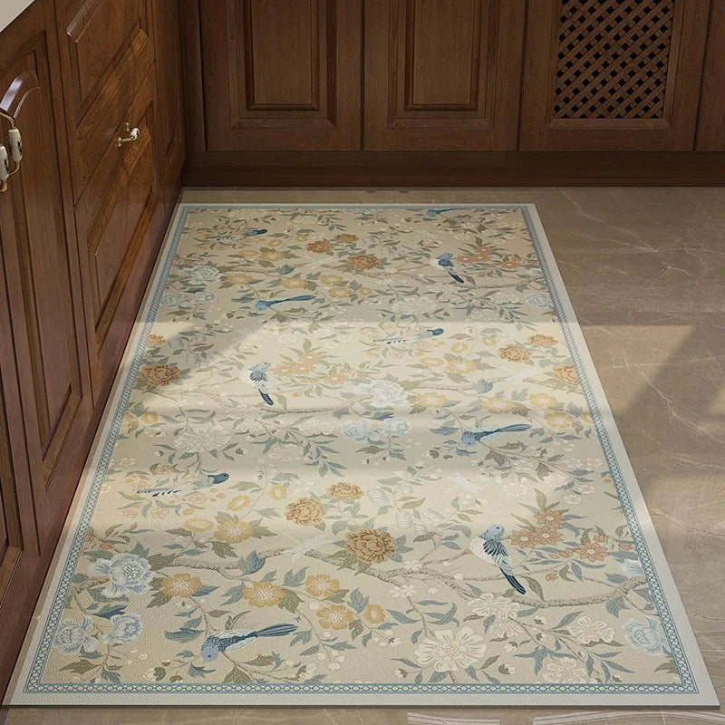 Rynx | Flower Bird Pattern Kitchen Rugs Waterproof Oil Resistant PVC Doormat Retro Stain Resistant Carpet Non-Slip Easy to Clean Rugs