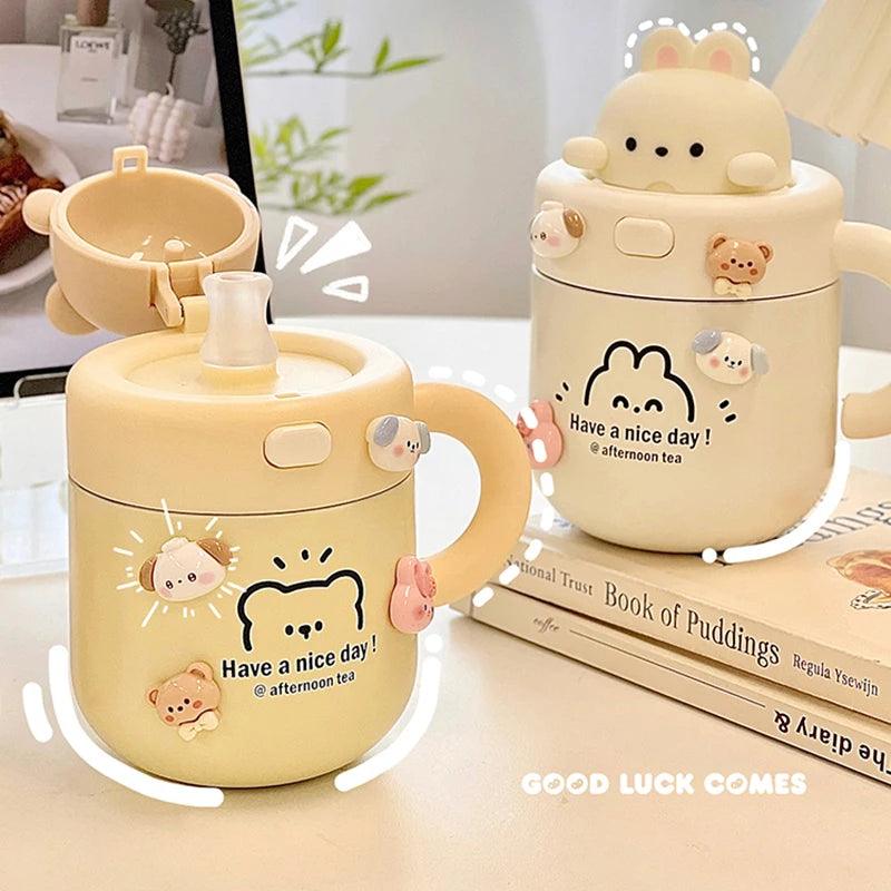 Lisslune | Shady Kawaii Bear Insulated Stainless Steel Travel Mug with Straw for All Your Drinks