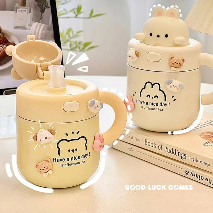 Lisslune | Shady Kawaii Bear Insulated Stainless Steel Travel Mug with Straw for All Your Drinks
