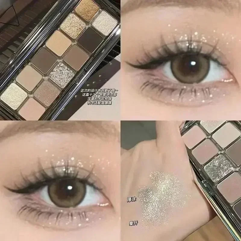 Rynx | Cement 12-Color Eyeshadow Palette Matte Pearl Glitter Earth Tone Cold Tea Brown Waterproof Eyeshadow Shiny Korean Makeup