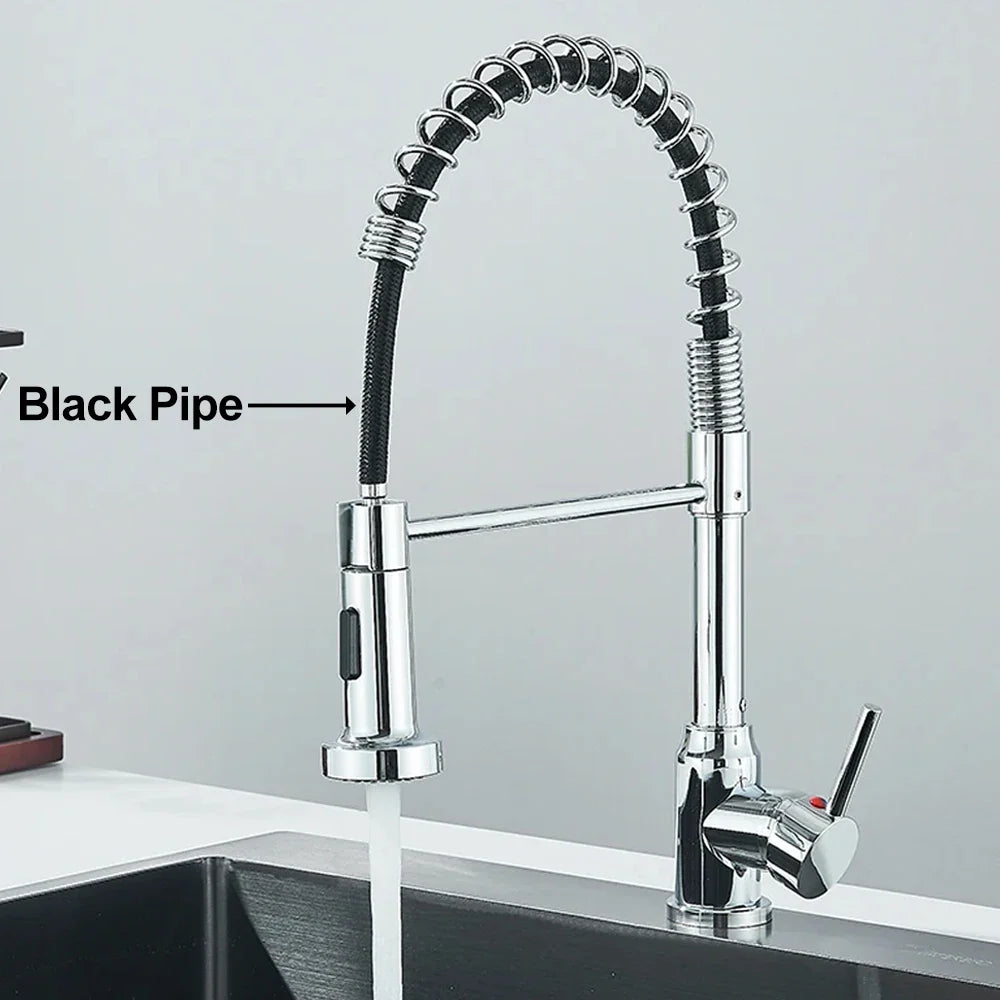 Rynx | Matte Black Kitchen Sink Faucet Single Lever Spring Hot and Cold Water Spout Mount Bathroom Chrome Kitchen Tap