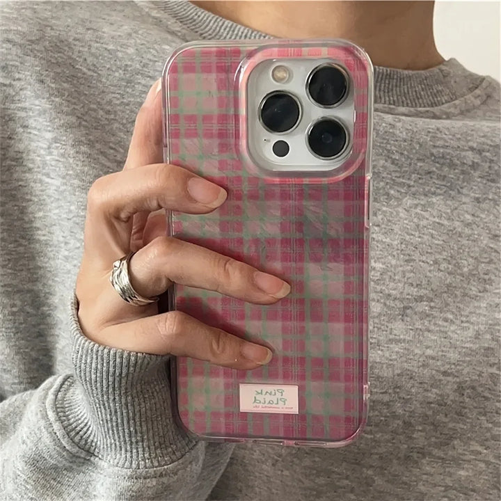 Lisslune | Für iPhone 16 15 14 13 12 11 Pro Max 7 8 Plus X XS Süßes Dopamin Farbblock Match Plaid Klare Handyhülle Pinke Tartan Weiche Abdeckung