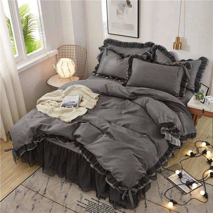Rynx | Luxury Black Princess Bedding Sets Kawaii Bedskirt Sheets Pillowcase Fashion Girls Duvet Cover 4 Pieces Home Decor