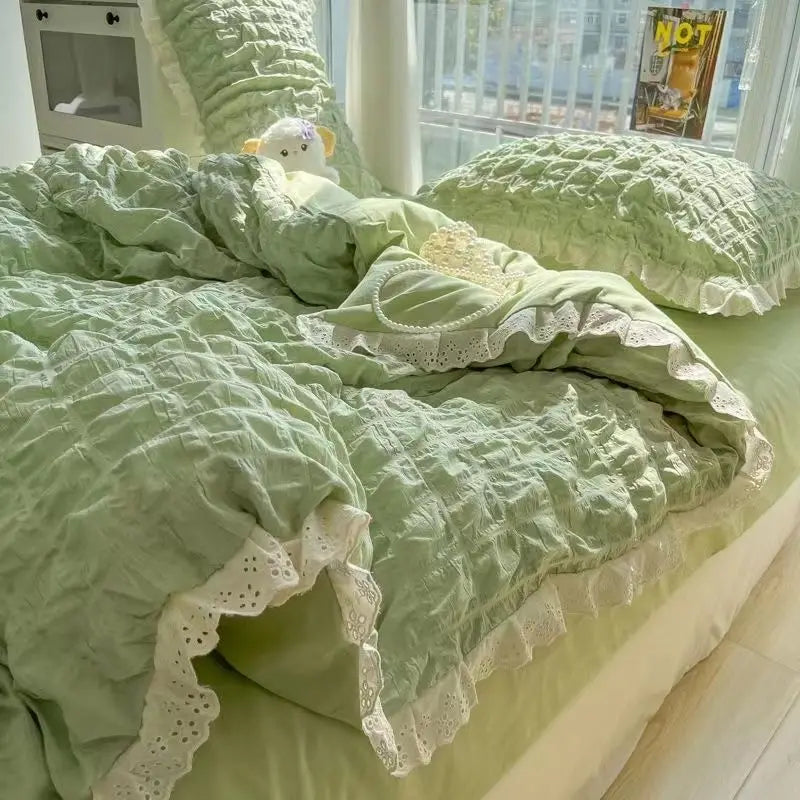 Rynx | Korean Princess Bedding Set Duvet Cover in Style Wash Cotton Solid Color Summer Soft Sheet Set Comforter Set Comforter Cover