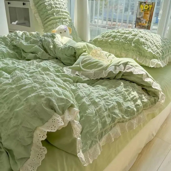 Rynx | Korean Princess Bedding Set Duvet Cover in Style Wash Cotton Solid Color Summer Soft Sheet Set Comforter Set Comforter Cover