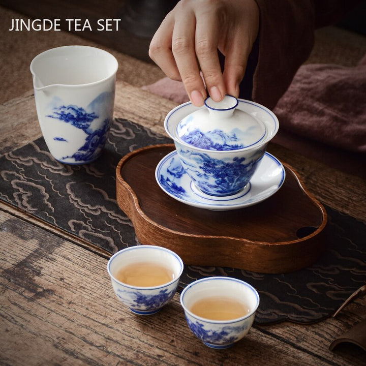 Lisslune | PorceVive Gaiwan Tea Cup | Handcrafted Porcelain with Landscape Pattern | Chinese Tea Set with Lid