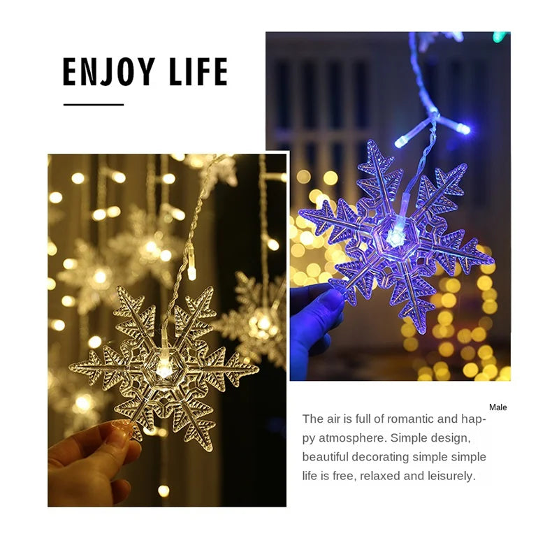 Rynx | 3.2M Christmas Snowflake LED String Lights Flashing Fairy Curtains Waterproof For Holiday Party Wedding Xmas Decoration