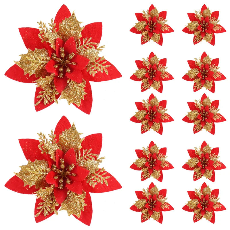 Rynx 5/10pcs Glitter Pink Christmas Flowers Xmas Tree 14cm Artificial Flowers Ornaments 2024 Christmas Decoration For Home New Year