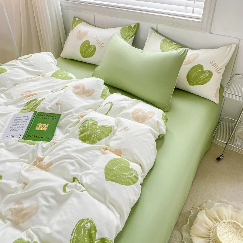 Rynx | Sweet green heart-shaped princess girl duvet covers Simple duvet cover bed sheet pillowcase washed cotton bedding