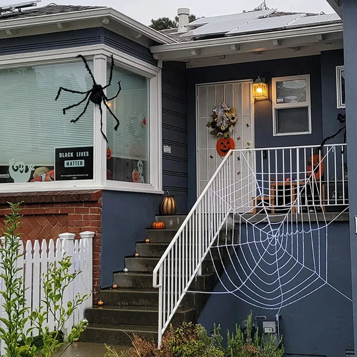 Rynx | 1.5/2.5 m Giant Spider Web Halloween Decorations, White Black Spider Web for Home, Large Horror Stretchable Spider Web for Outdoors