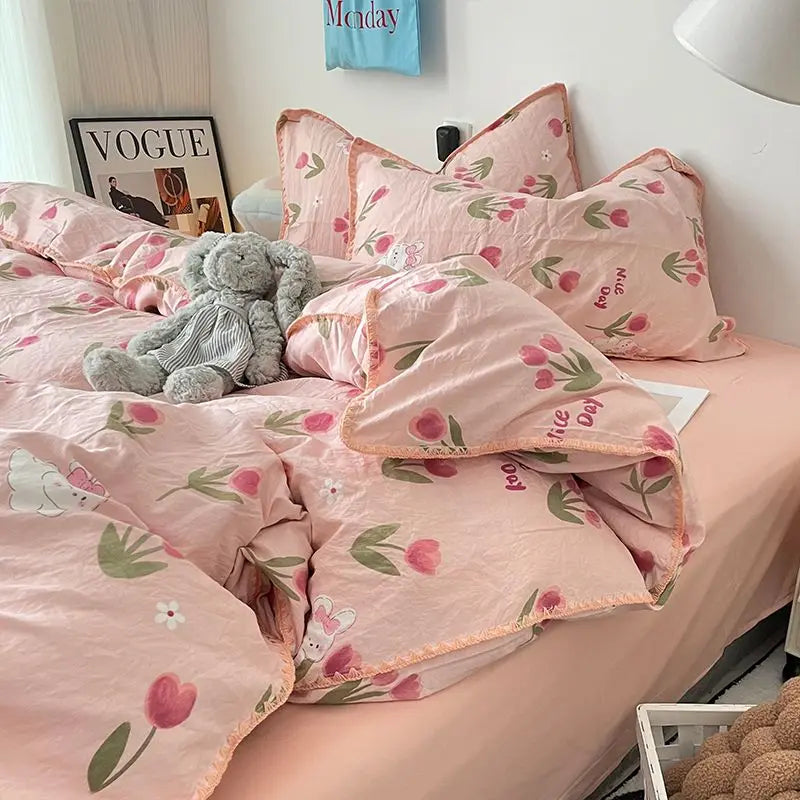 Rynx | Bedding Set Flora INS Girls 2024 New Tulip Rabbit Double-layered Bedding Set of four pieces washable cotton Bed Sheets Duvet Cover Set