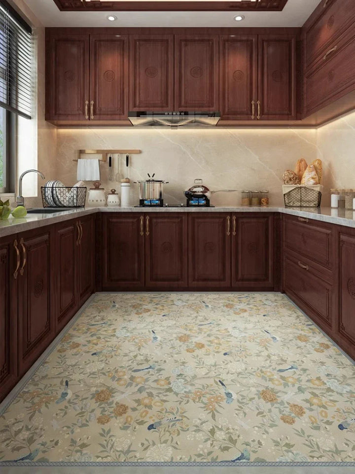 Rynx | Flower Bird Pattern Kitchen Rugs Waterproof Oil Resistant PVC Doormat Retro Stain Resistant Carpet Non-Slip Easy to Clean Rugs