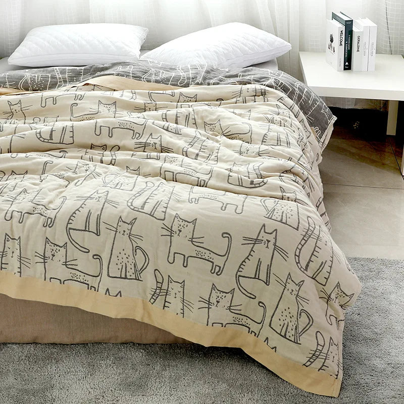 Rynx | Textile City Cartoon Cat Throw Four Layers Bamboo Cotton Gauze Blanket Single Double Four Seasons Towel for Bedroom 200x230cm