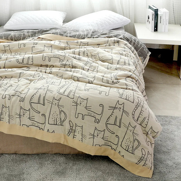 Rynx | Textile City Cartoon Cat Throw Four Layers Bamboo Cotton Gauze Blanket Single Double Four Seasons Towel for Bedroom 200x230cm