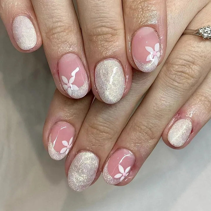 Rynx | 24 Piece Square Press-on Nails Set with Pink Flower Patterns Full Coverage Acrylic Nail Tips Glue for Stylish Women/Girls