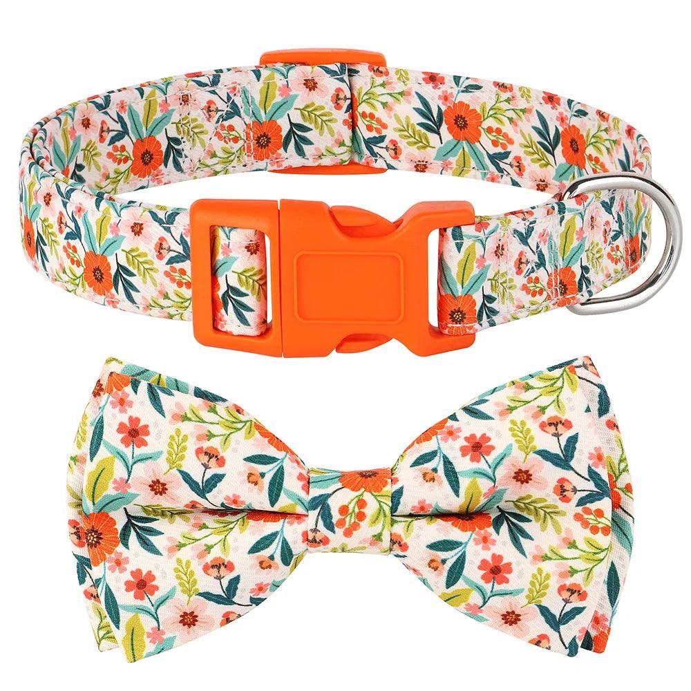 Lisslune | Floral Dress Adjustable Dog Collar with Bow Tie - Padded Nylon for All Breeds