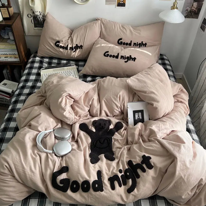 Rynx | Ins Cartoon Bedding Set Teddy Bear Washed Cotton Towel Embroidered Solid Color Bed Sheets Dorm Student Duvet Cover Set