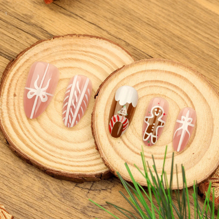 Rynx | Christmas Candy Gingerbread Man Bow Design Almond Shape Artificial Nails Removable Pre-made False Nails Press on Nails with Glue