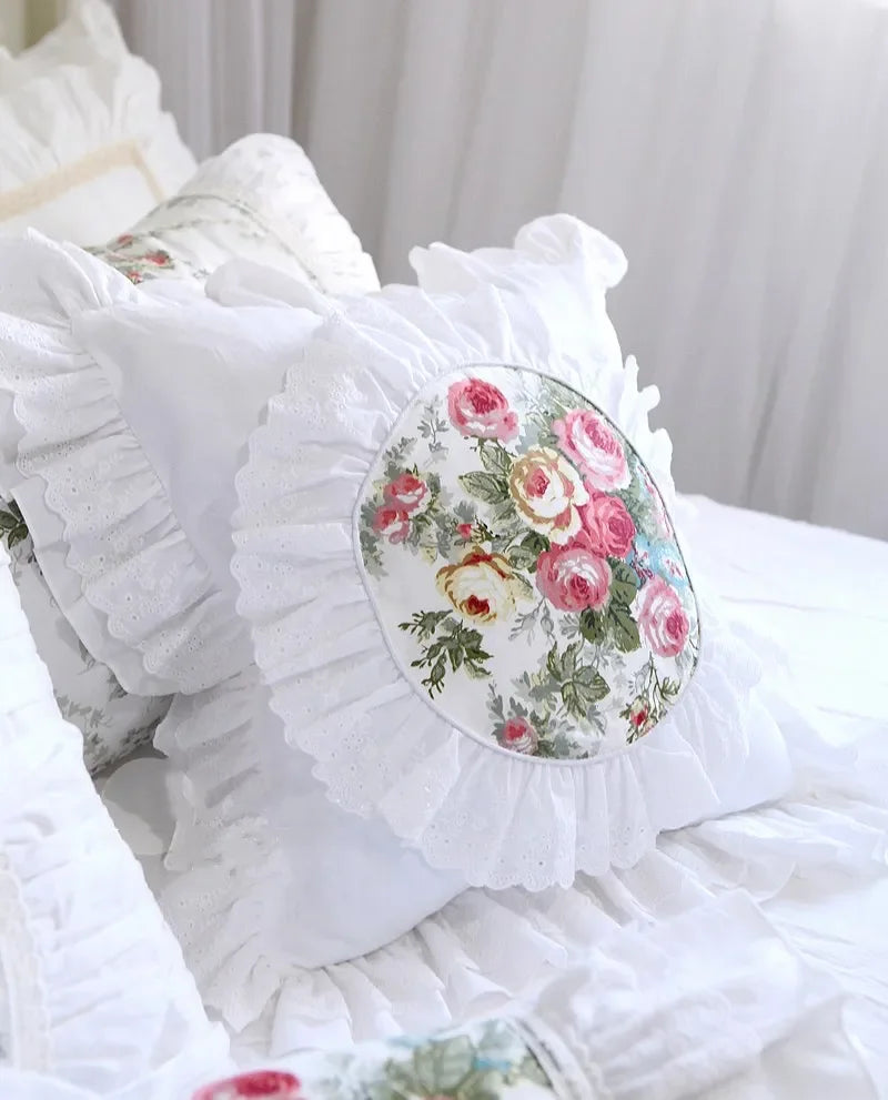 Rynx Elegant Ruffle Lace Decorative Pillowcase European Embroidery Bed Pillowcase Princess Pink Print Pillowcase Sofa Cushion