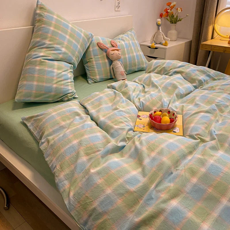 Rynx | Japanese Style 100% Cotton Soft Bed Linen Set Stripe Print Duvet Cover with Pillowcase Comforter Bedspread Pillowcase Sets