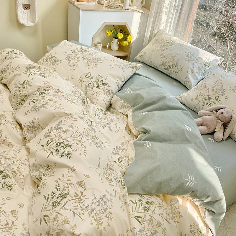 Rynx | Simple Leaf Floral Printed Duvet Cover Set with Leaf Pillowcases Without Filling Soft Bedding Full Queen Size Women Home Bedding