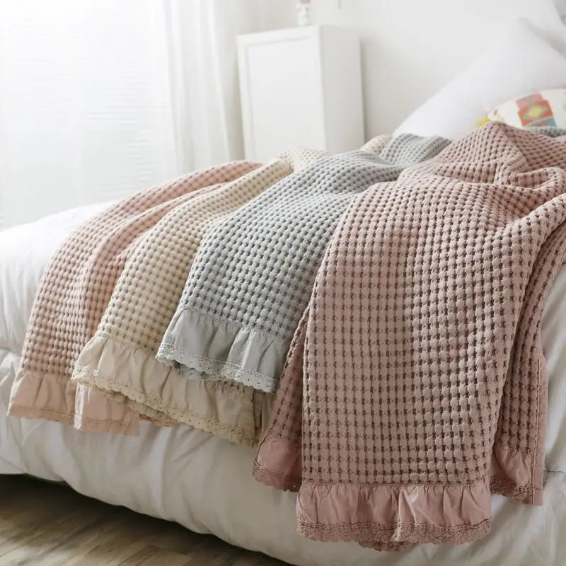 Rynx | 100% Cotton Soft Bed Plaid Home Japanese Knitted Blanket Corn Grain Waffle Texture Summer Ruffles Warm Plaid Throw Blanket