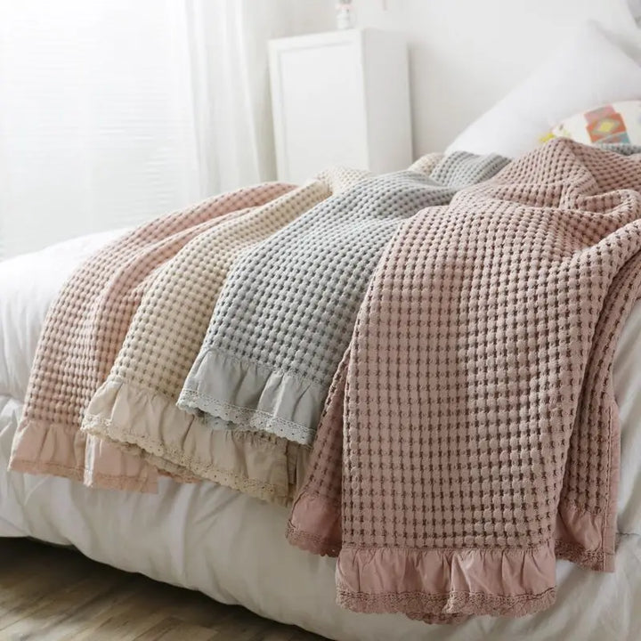 Rynx | 100% Cotton Soft Bed Plaid Home Japanese Knitted Blanket Corn Grain Waffle Texture Summer Ruffles Warm Plaid Throw Blanket