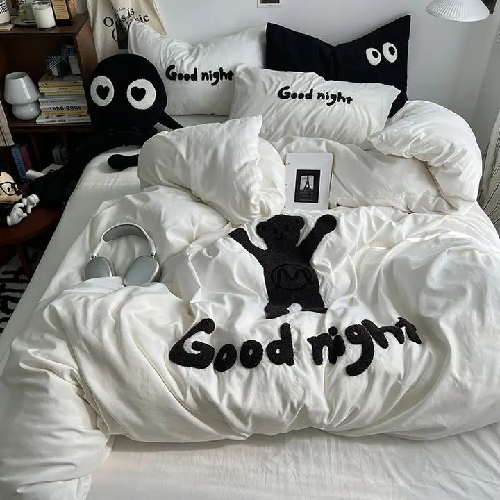 Rynx | Ins Cartoon Bedding Set Teddy Bear Washed Cotton Towel Embroidered Solid Color Bed Sheets Dorm Student Duvet Cover Set