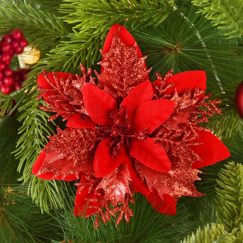 Rynx 5/10pcs 14cm Glitter Artificial Christmas Flowers Xmas Tree Ornaments Merry Christmas Decorations for Home New Year Gift Navidad