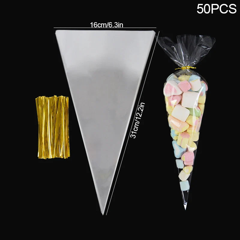 Rynx 50 pcs Transparent Candy Popcorn Packaging Bags Plastic Cellophane Cookie Gift Bags Wedding Birthday Parties Christmas Supplies