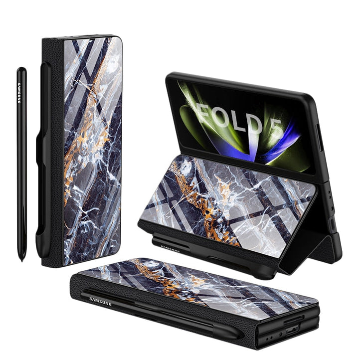 Lisslune | Shockproof Armor Case Glass Cover Stand Insert Card Leather Case for Samsung Galaxy Z Fold 5/4