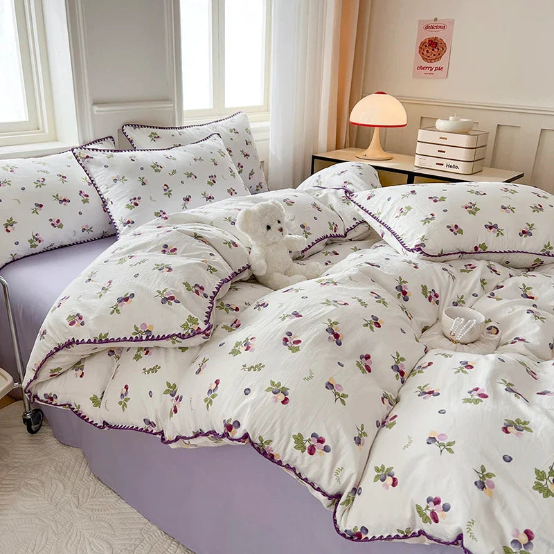 Rynx | Cute Purple Grapes Duvet Cover Girl INS Bedding Set for Kids Queen Full Size Flat Bed Sheet Blanket Cover Pillowcase Kawaii
