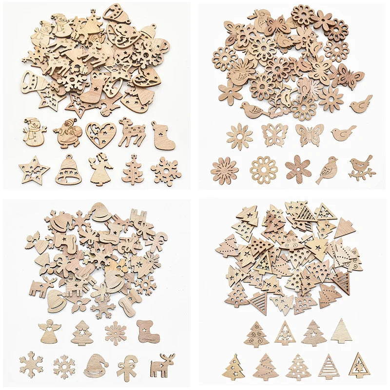 Rynx 50 pieces Christmas natural wood chips Santa snowflake Christmas tree hanging ornaments pendants Christmas decoration DIY craft
