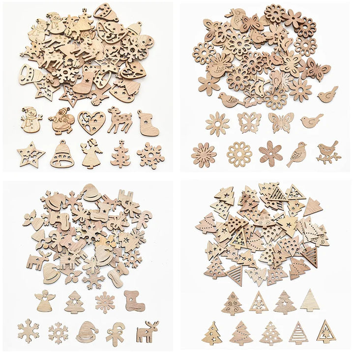 Rynx 50 pieces Christmas natural wood chips Santa snowflake Christmas tree hanging ornaments pendants Christmas decoration DIY craft