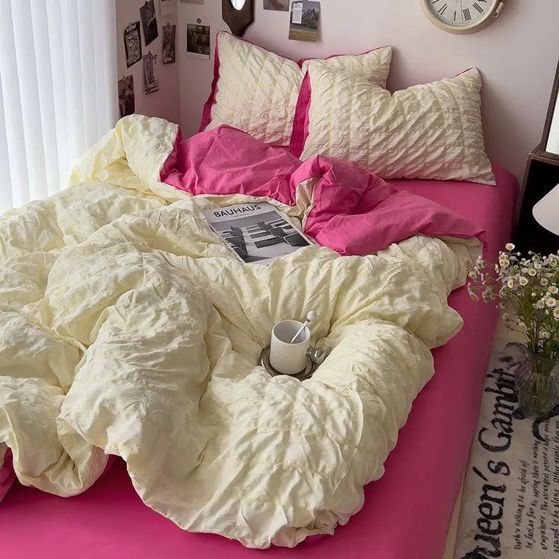 Rynx | Seersucker Princess Girl Bed Linen Set Duvet Cover Korean Four-Piece Washed Cotton Bed Sheet Blanket Set